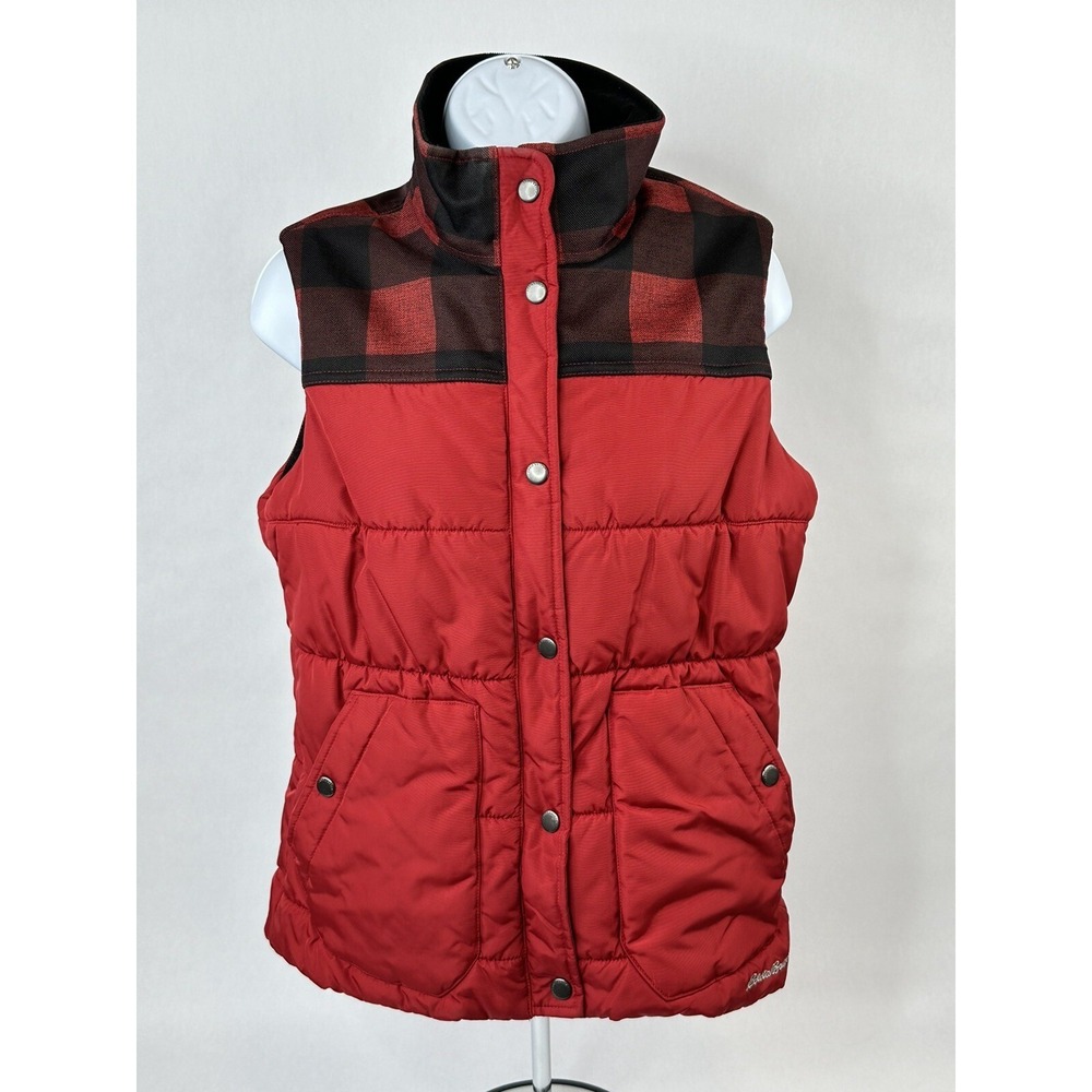 Eddie Bauer Puffer Vest Womens Small Red Black Buffalo Plaid Quilted Zip/Snap